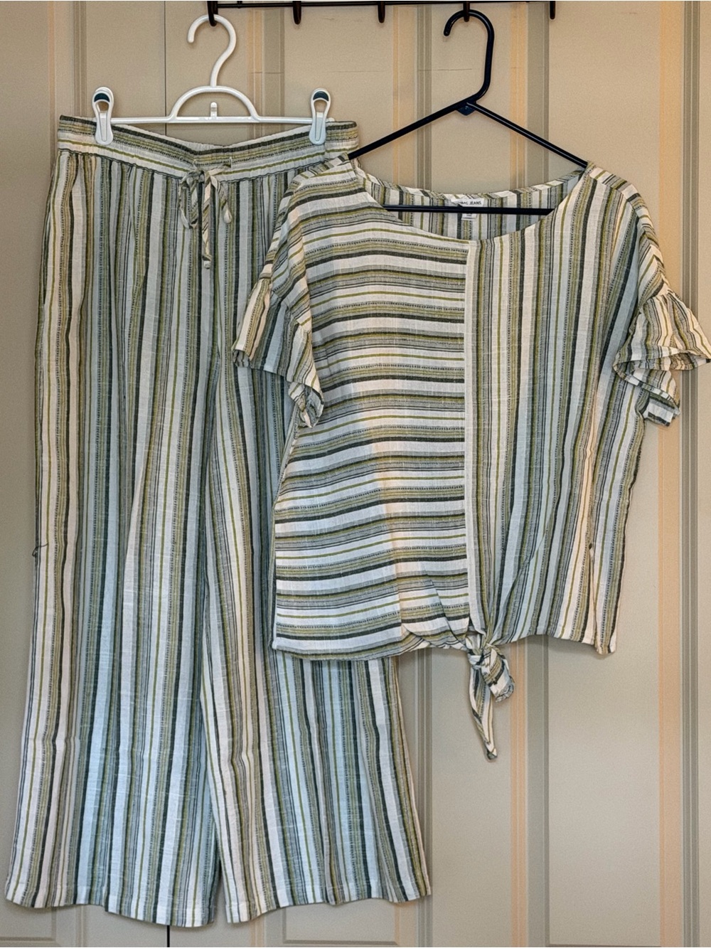 Striped Green & White Cropped Pants and Top Set